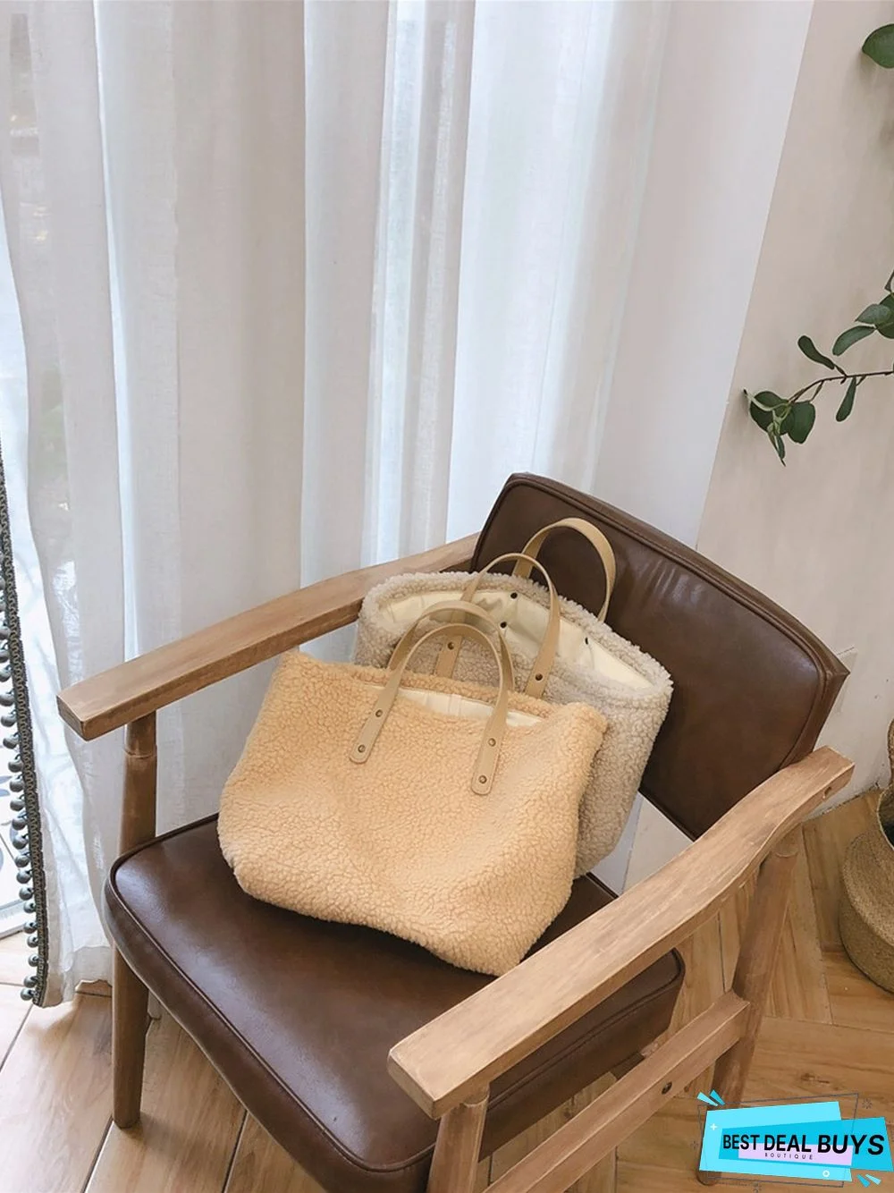 Pure Color Lambswool Large Capacity Handbag