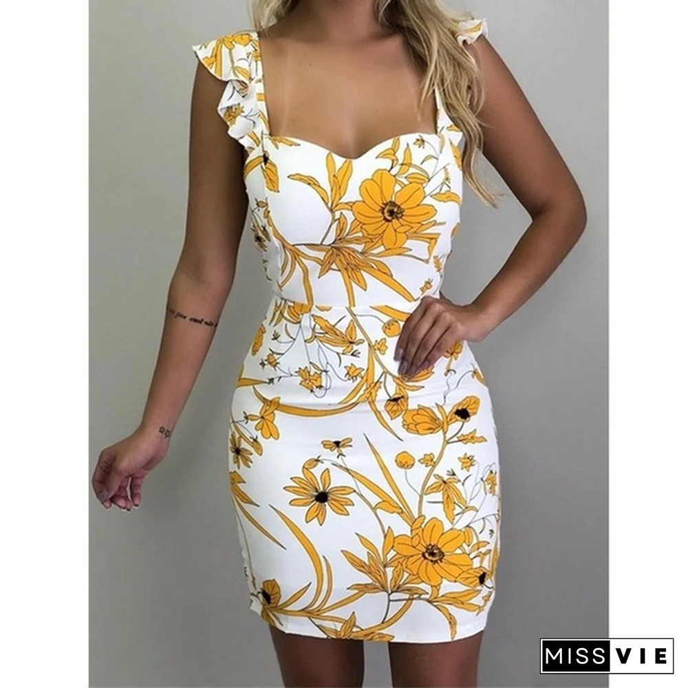 Women's Fashion Summer Sleeveless Floral Print Backless Dress Bodycon Dress