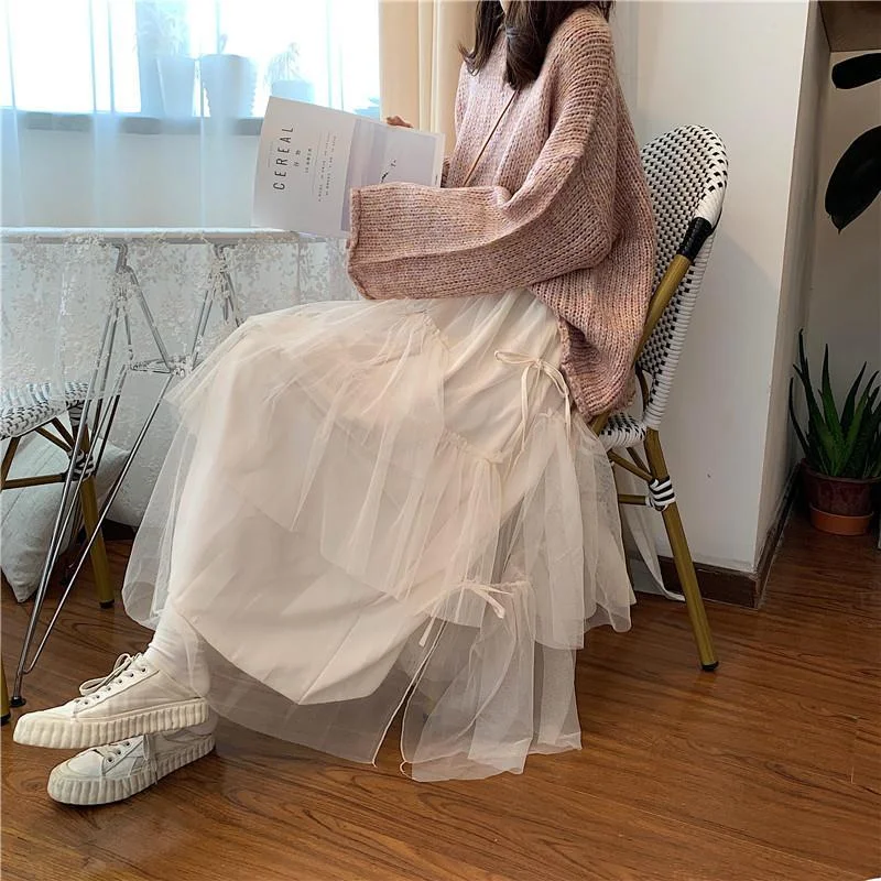 Skirts Women Mesh Mid-calf Lace Up Fairy Skirt All-match Sweet Fashion Ins Elegant Womens Faldas Voile Korean Style A-line Chic