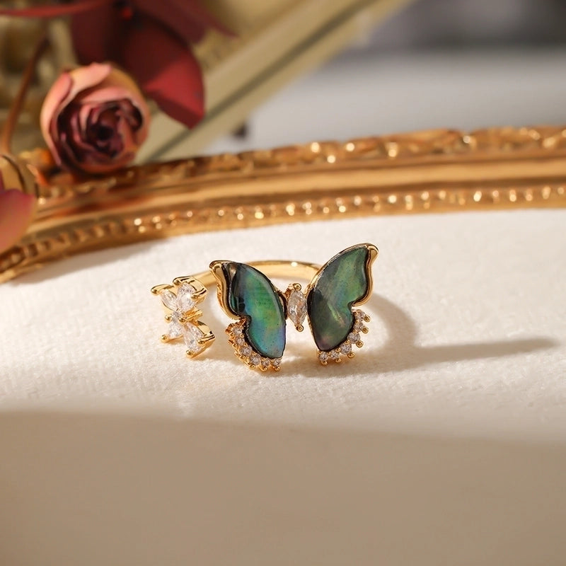 Copper 18K Gold Plated Inlay Butterfly Shell Zircon Open Rings