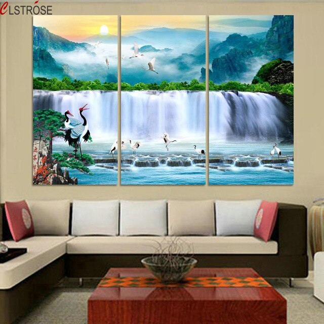 CLSTROSE 3 Pieces Sale Chinese Waterfall Landscape Painting On Canvas Sunrise Mountain Wall Picture Decor Home Hanging On Wall
