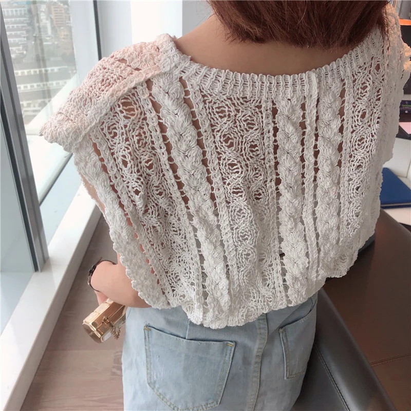 Uveng Uveng Hollow Knitted Vest Top Summer New Sleeveless Loose Retro Lotus Lace Vest Women Wear