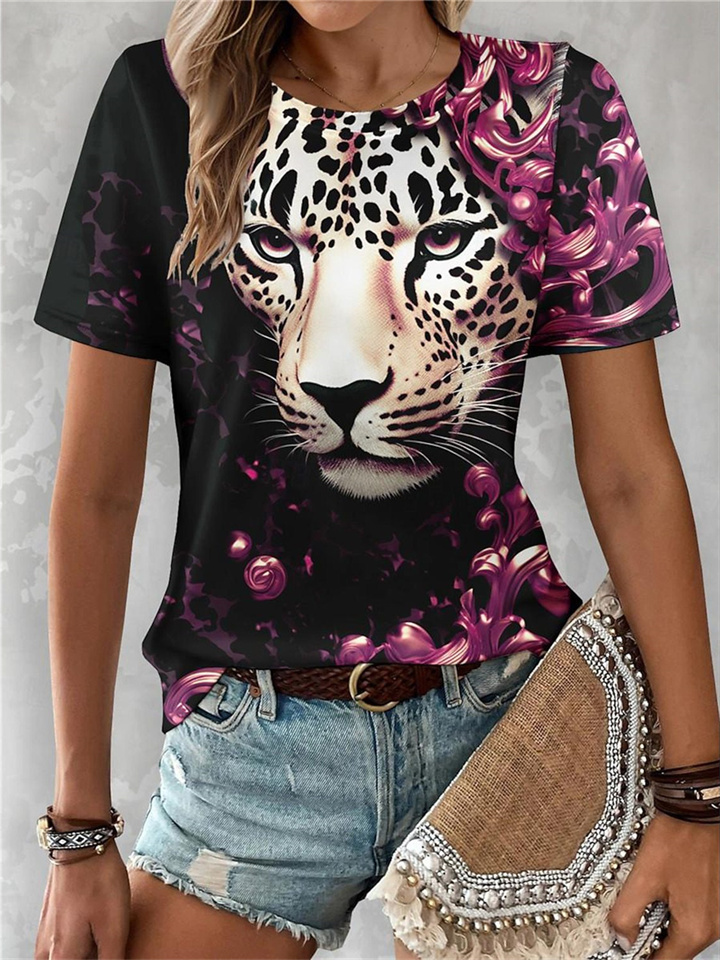 Women's Round Neck Short-sleeved Jungle Cheetah Print Casual T-shirt Wild Loose Short-sleeved
