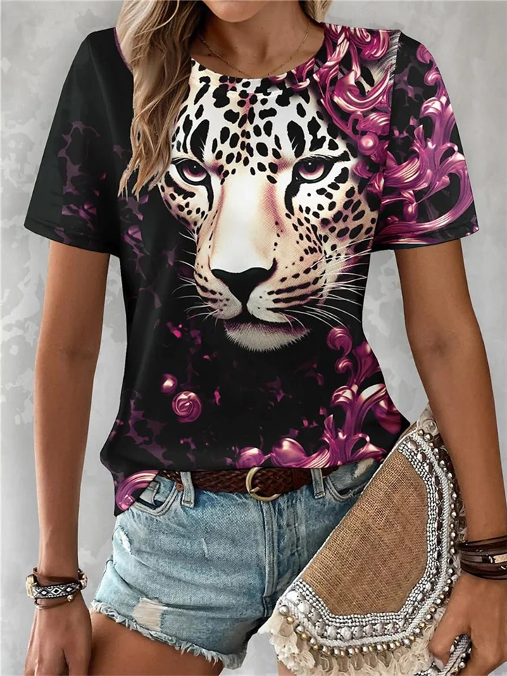 Women's Round Neck Short-sleeved Jungle Cheetah Print Casual T-shirt Wild Loose Short-sleeved-JRSEE