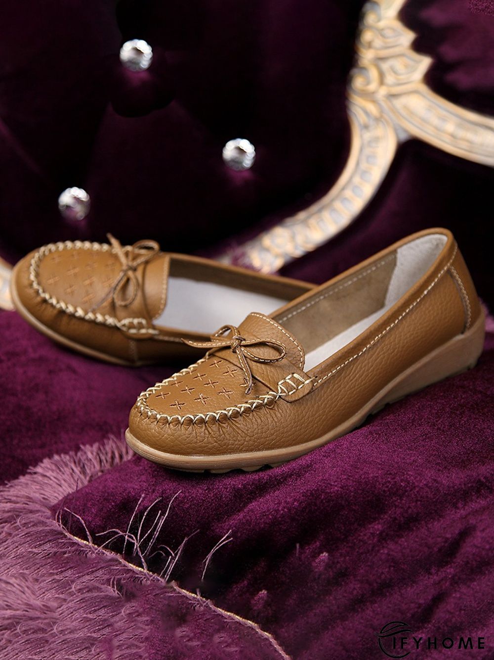 Bow Decor Moccasin Comfy Sole Flat Peas Shoes | IFYHOME