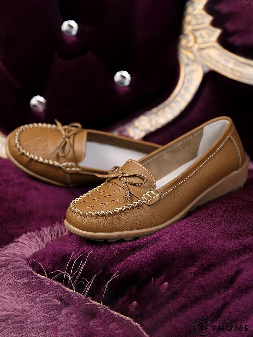 Bow Decor Moccasin Comfy Sole Flat Peas Shoes | IFYHOME