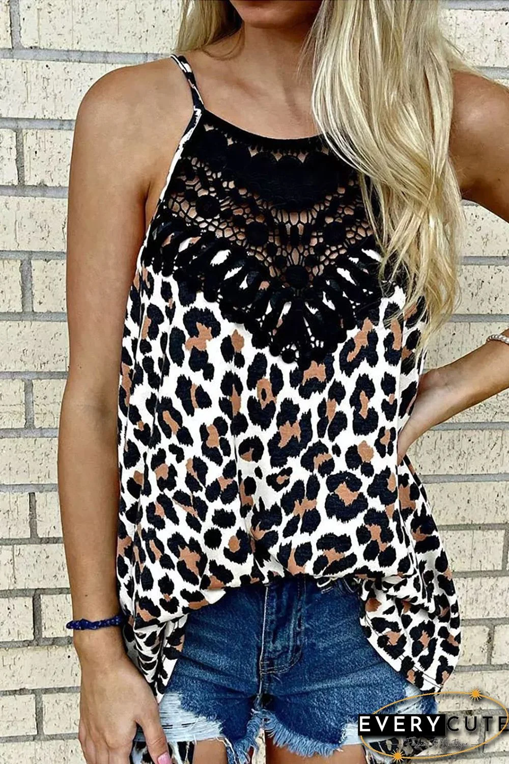Leopard Print Lace Patchwork Spaghetti Strap Cami Top