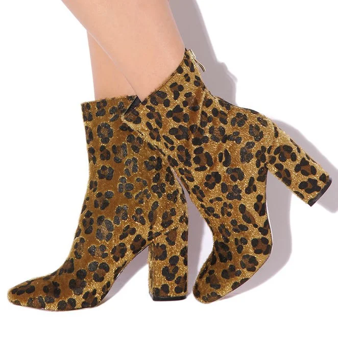 Leopard Print Pointy Toe Chunky Heel Boots Vdcoo