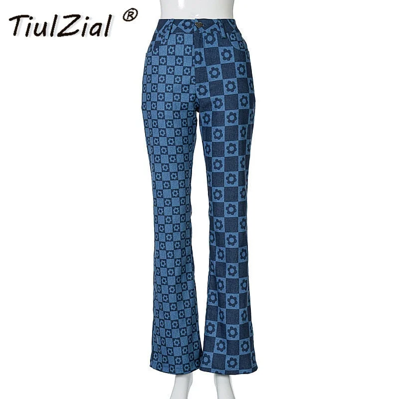 Y2K E Girl Print Floral High Waist Flare Pants Women Summer Long Trousers Summer Sweatpants Capris Pant Bottom 2022