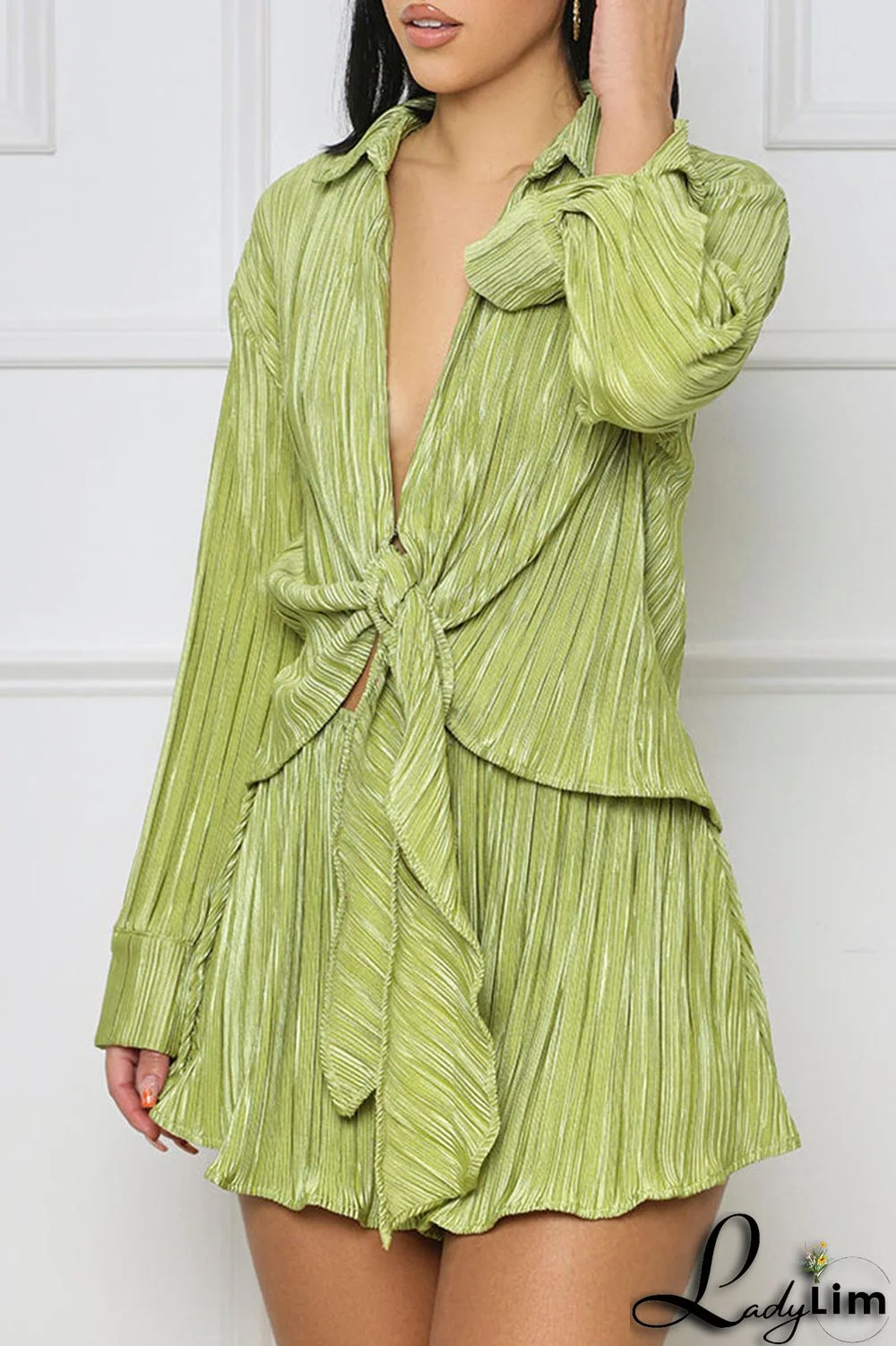 Green Casual Solid Bandage Patchwork Turndown Collar Long Sleeve Two Pieces