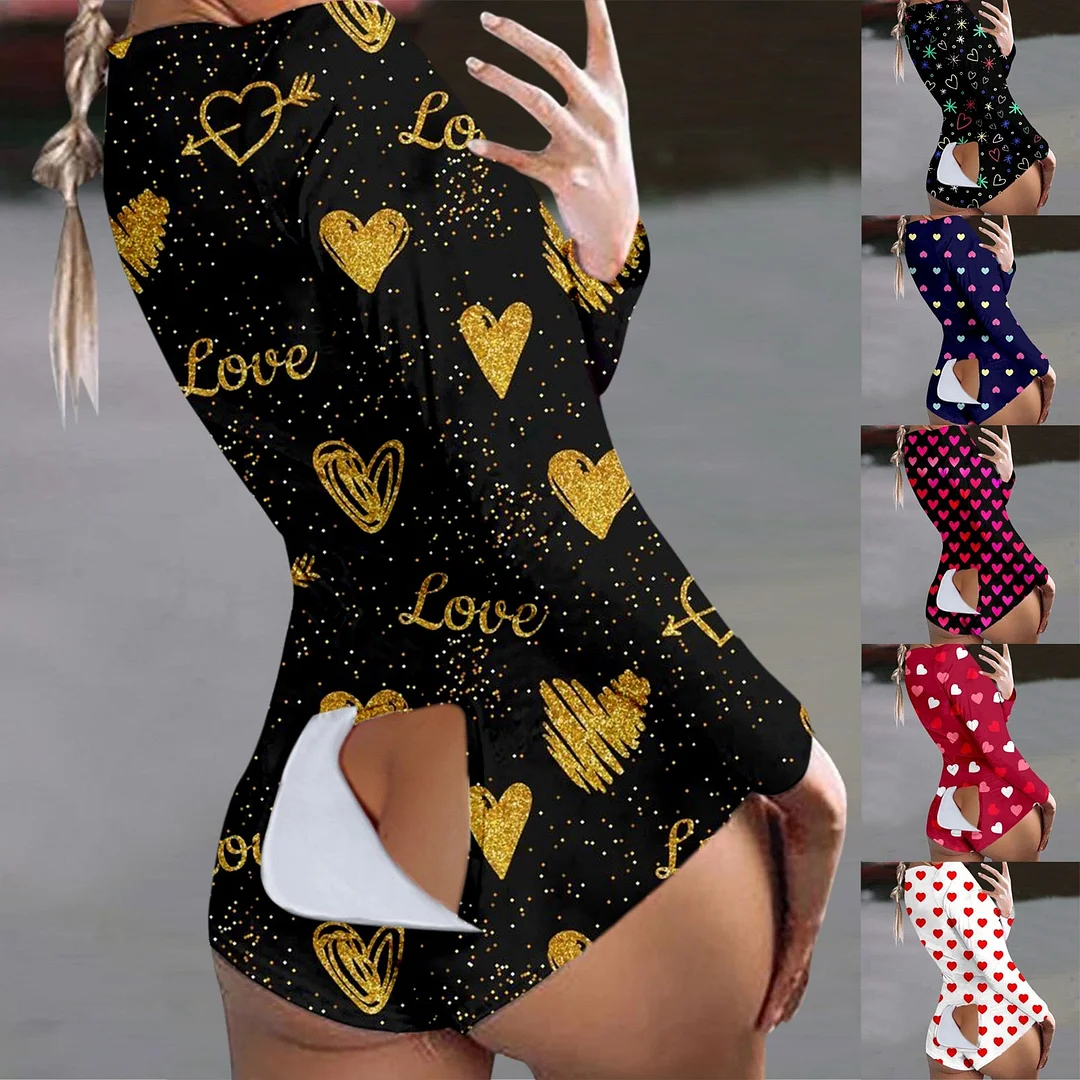 2022 New Fashion Jumpsuit Women Sexy Button-down Love Heart Print Functional Buttoned Flap Adults Jumpsuit Bodys Para Mujer