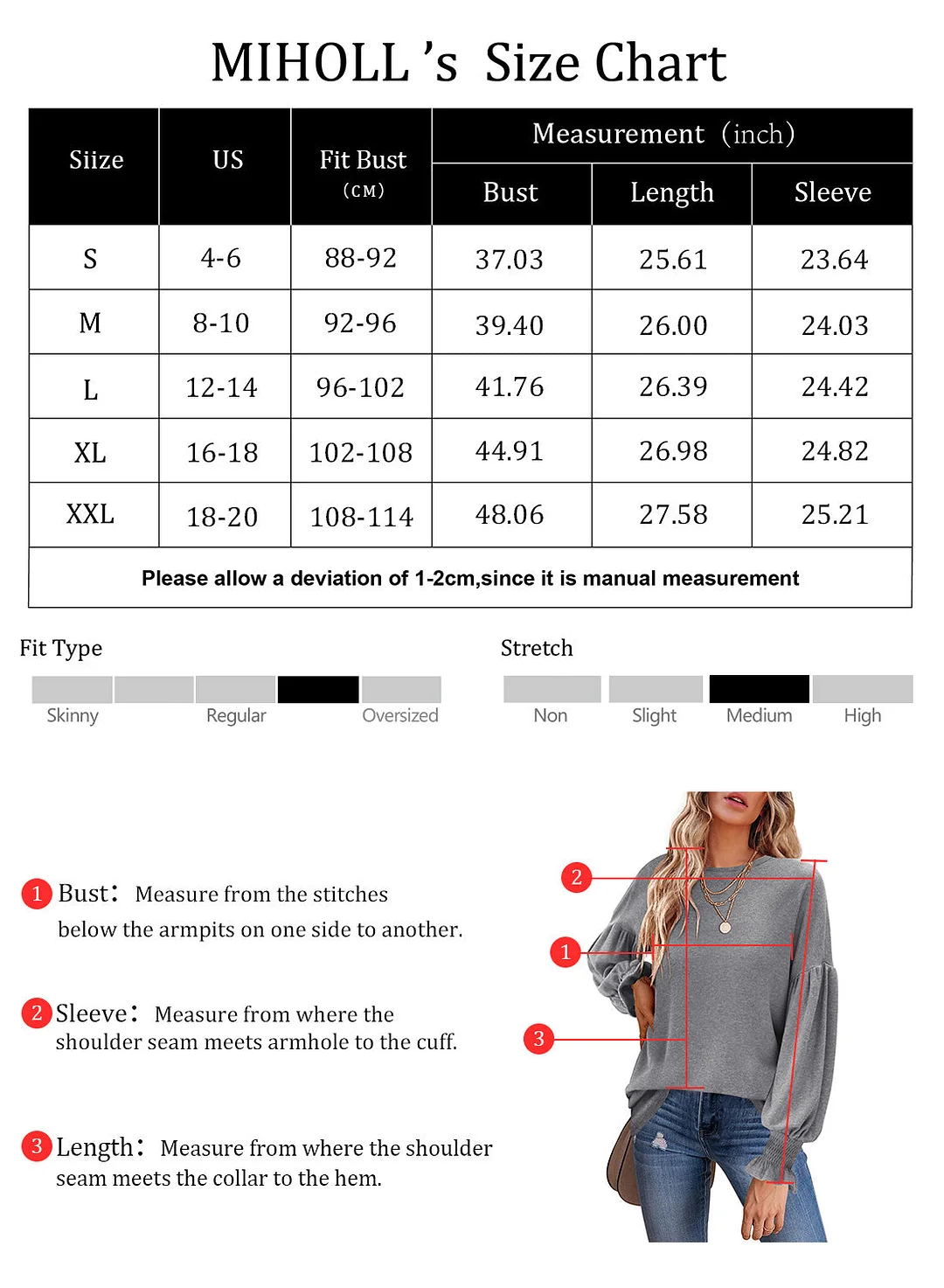 MIHOLL Womens Long Sleeve Top Crew Neck Ruffle Lantern Sleeve Casual Loose Blouse T Shirts