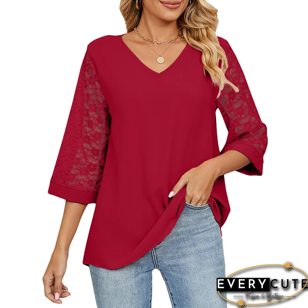 Red 3/4 Lace Flare Sleeve V Neck Chiffon Tops