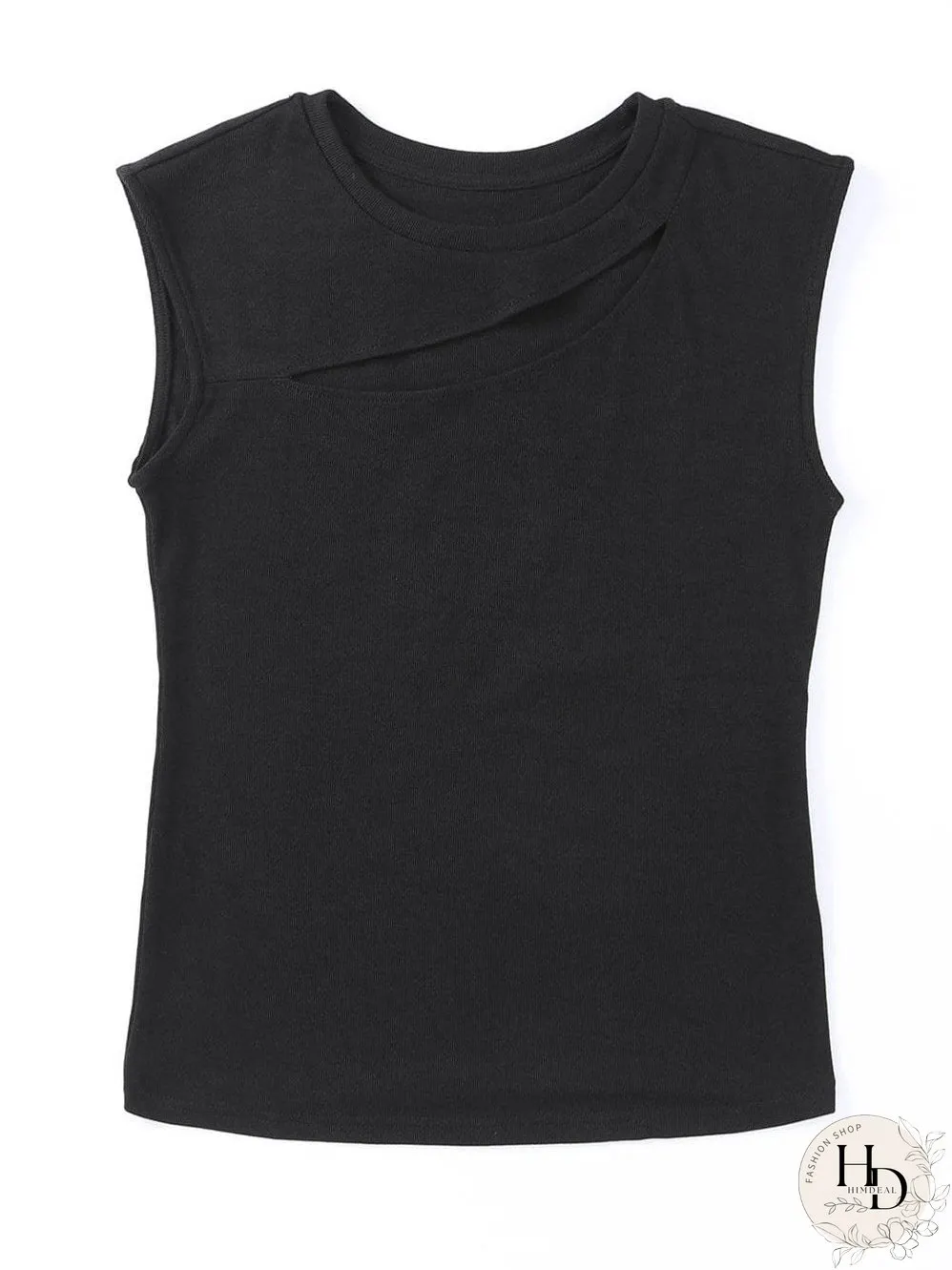 Edgy Black Cutout Sleeveless T-Shirt with Cap Sleeves