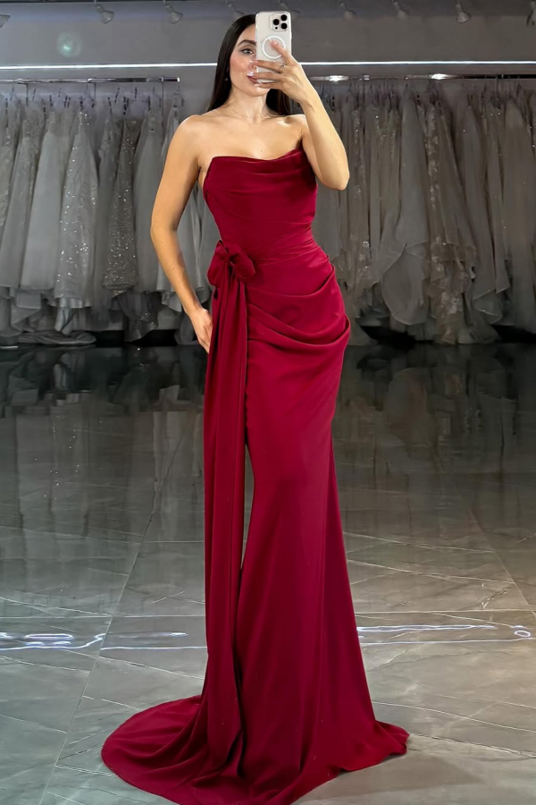 Burgundy Long Strapless Mermaid Bow Prom Dress ZT0667
