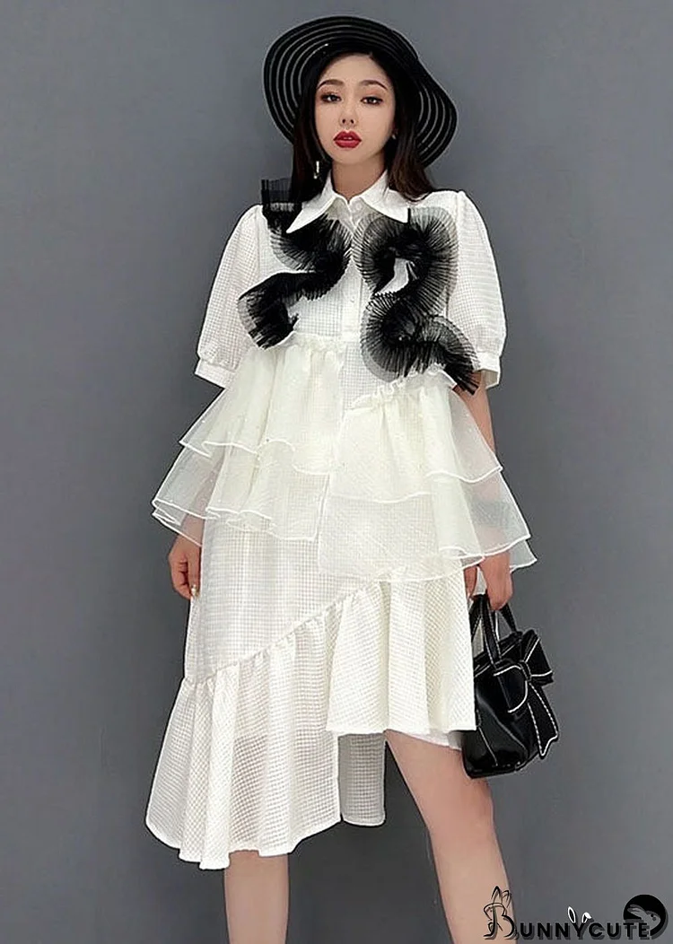 Women White Peter Pan Collar Asymmetrical Design Ruffles Patchwork Tulle Maxi Dresses Short Sleeve