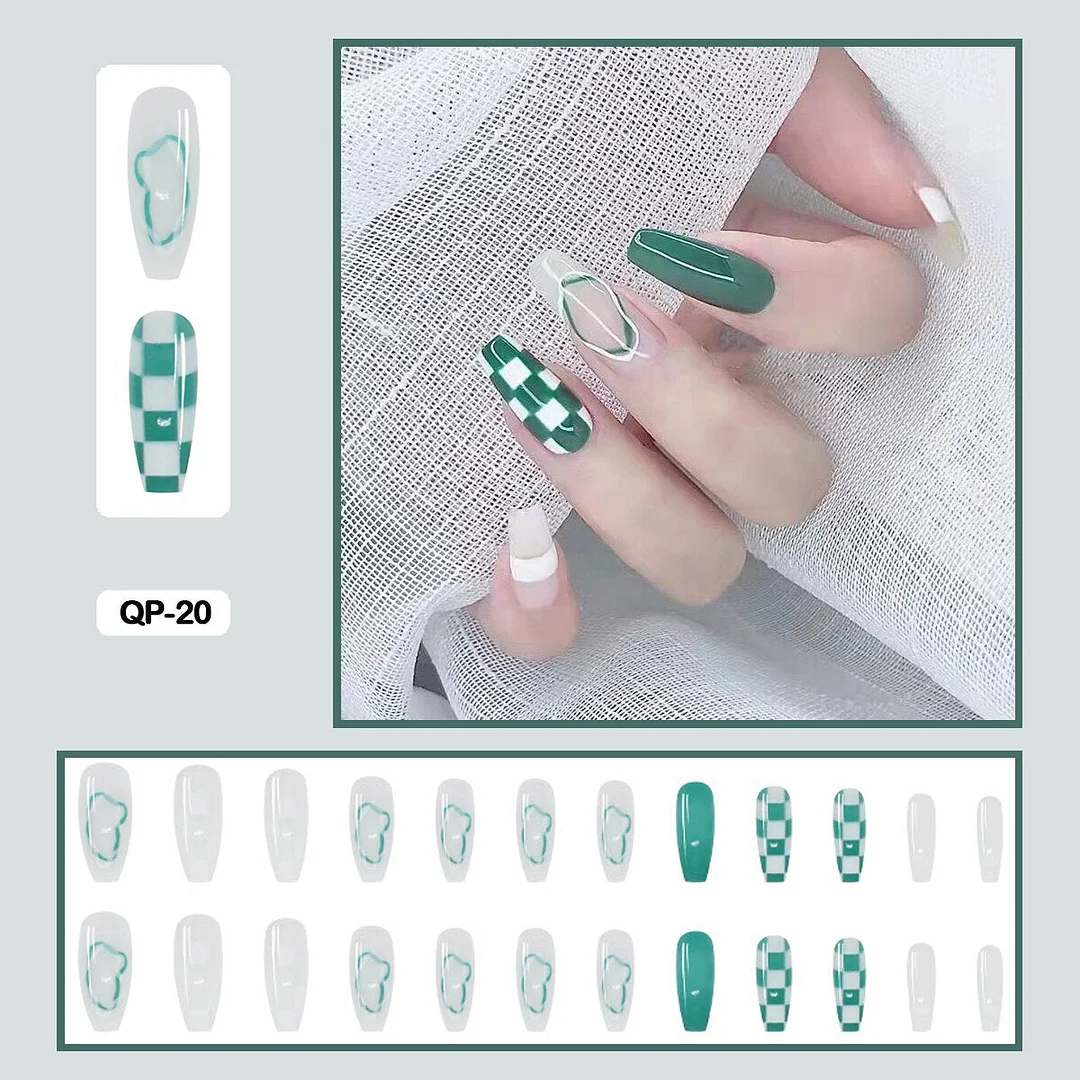 24pcs/box  Lovely Checked-pattern Press On Nails Full Cover Fake Nails With Glue Long Wearable False Nails WIth Wearing Tools-Nail Inspo