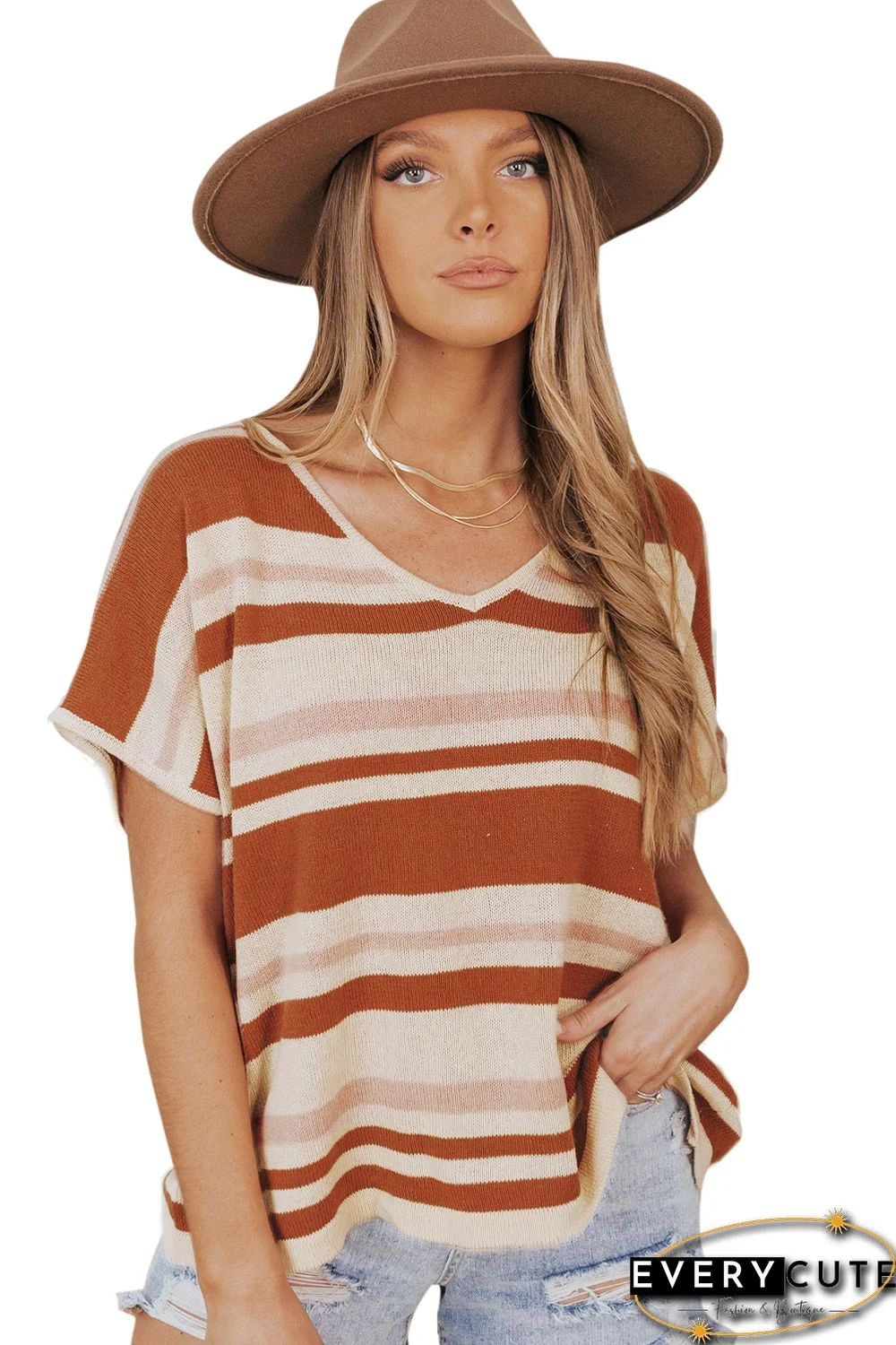 Striped Knitted V Neck Short Sleeve T-shirt