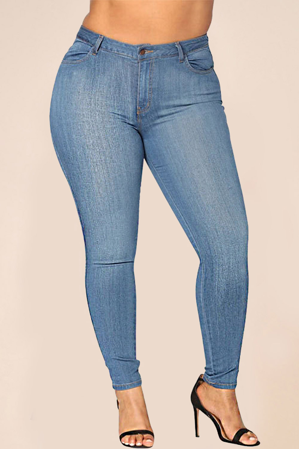 Plus Size Casual Blue Denim Solid Color Pocket Skinny Jeans 2024 - Flycurvy 