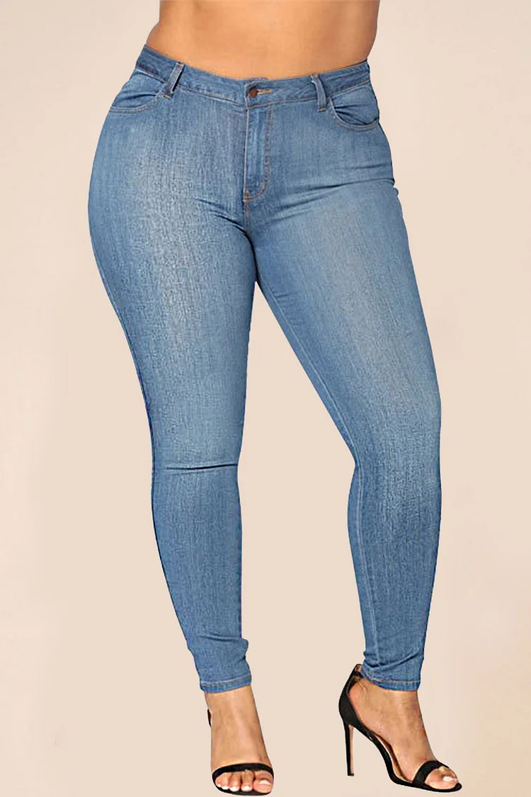 Plus Size Casual Blue Denim Solid Color Pocket Skinny Jeans  Flycurvy [product_label]