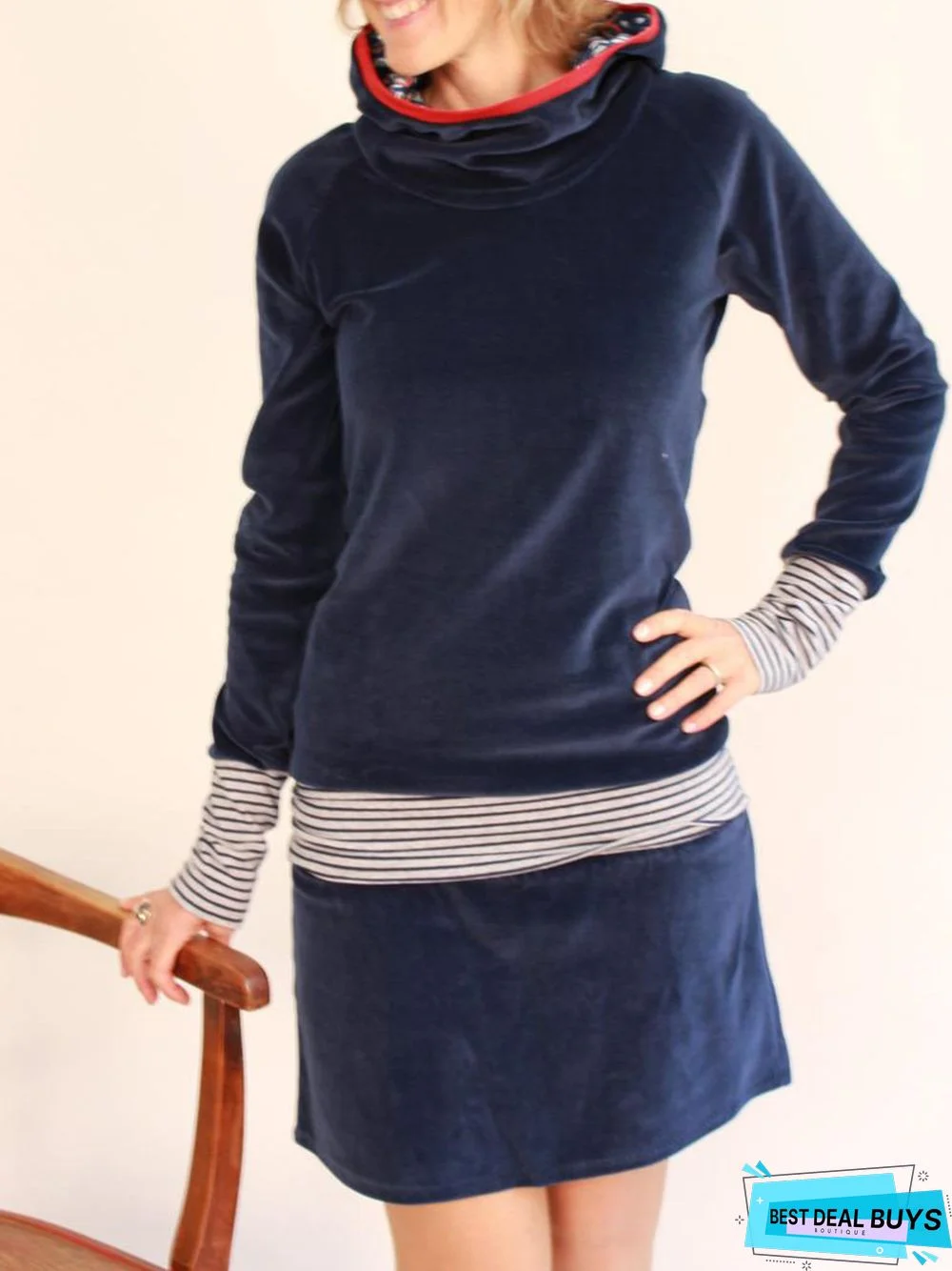 Long Sleeve Paneled Stripes Hoodie Knitting Dress