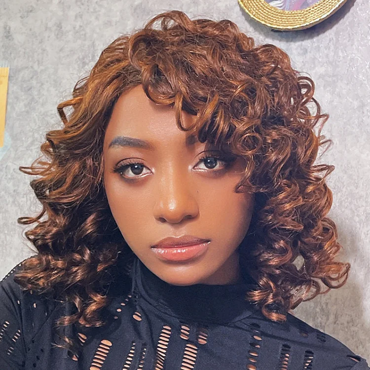 Bouncy Rose Curly Short Bob Wig Glueless Reddish Brown Color Wig with Bangs