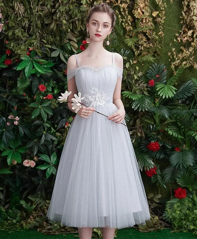 Gray Tulle Lace Short Prom Dress, Gray Tulle Bridesmaid Dress