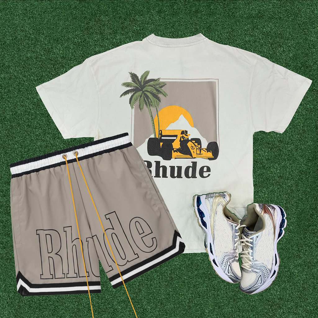 Rhude Coconut Geometric  Casual Street Basketball Mesh Shorts T-Shirt Two-Piece Set