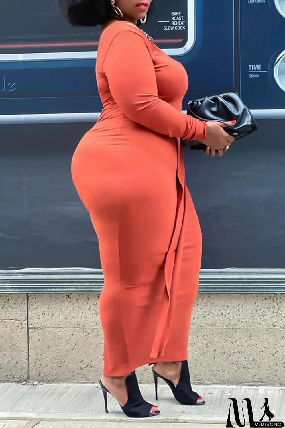 MidiSono - Tangerine Red Casual Solid Split Joint Off the Shoulder Pencil Skirt Plus Size Two Pieces