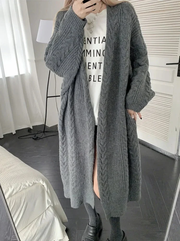 Tlbang 2023 Winter Knit Cardigan Retro Korean Fashion Sweater Solid Loose Long Coats Warm Thick Jackets Women Clothing Streetwear