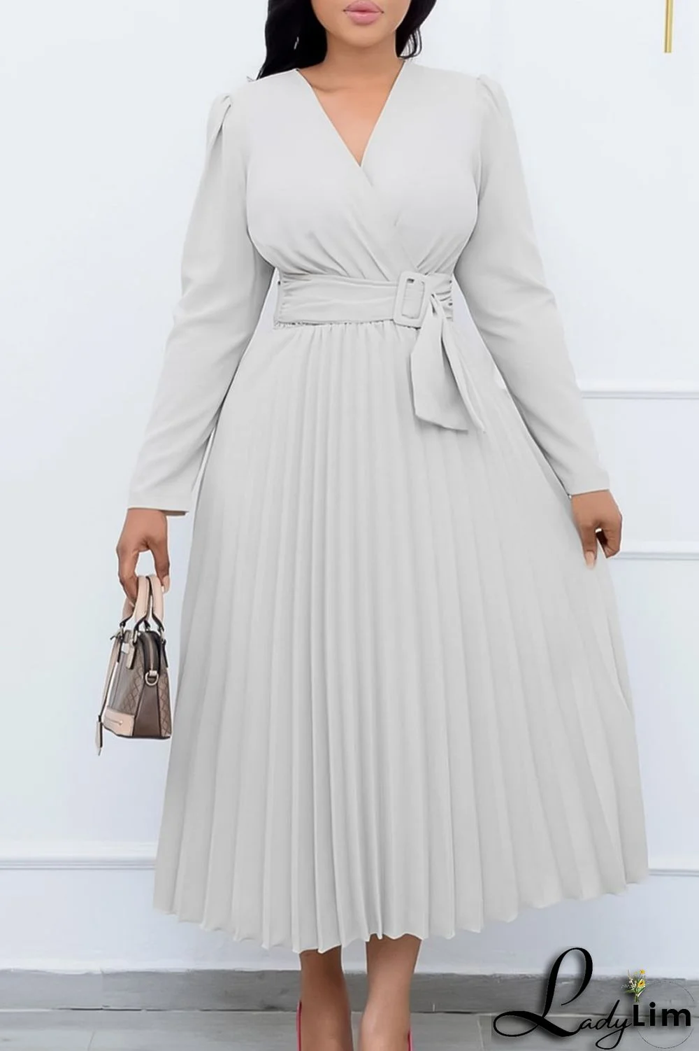 Grey Casual Solid Frenulum Pleated V Neck Long Sleeve Dresses