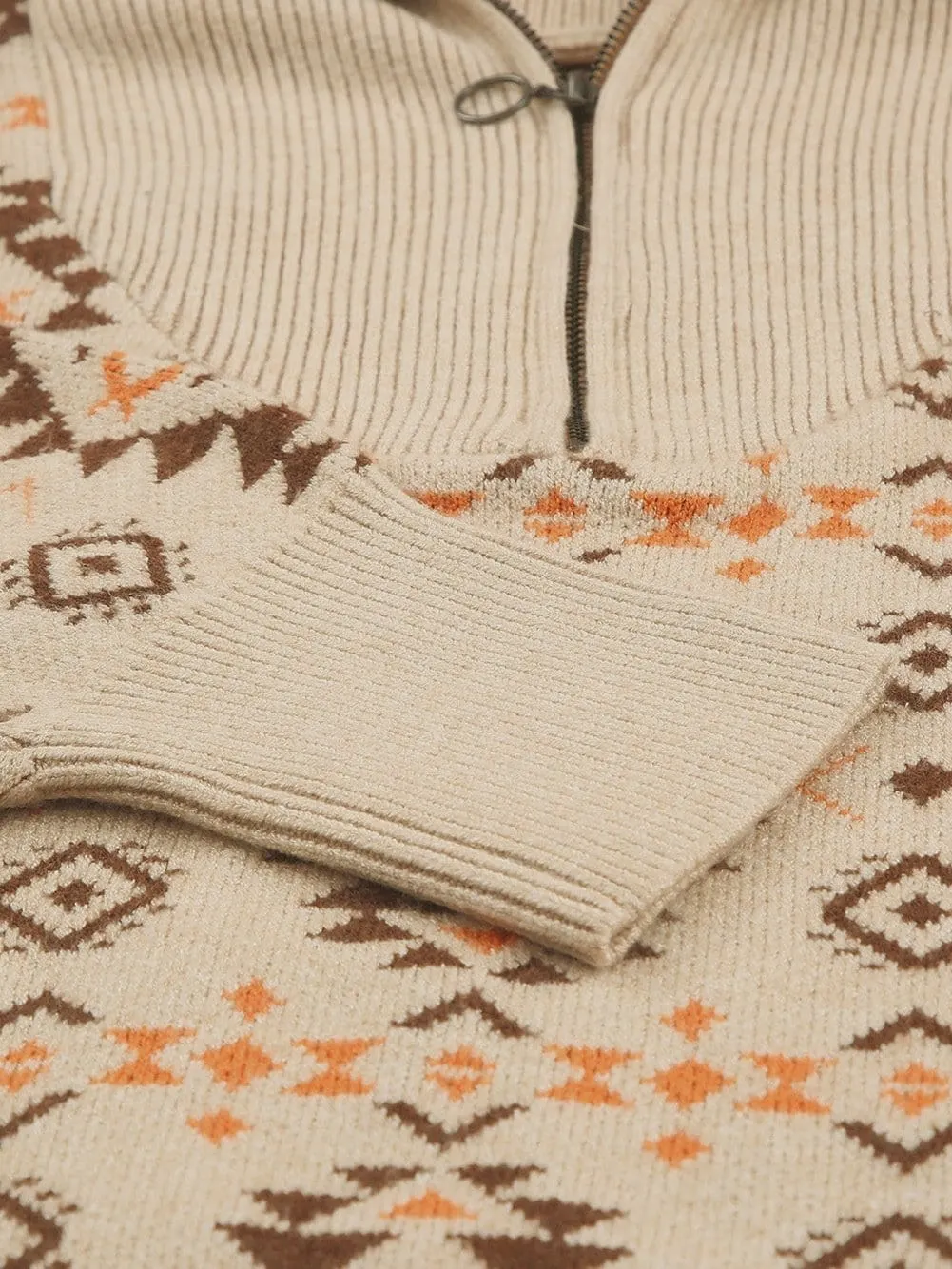 Khaki Aztec Knit Zip-Up Drop Shoulder Sweater