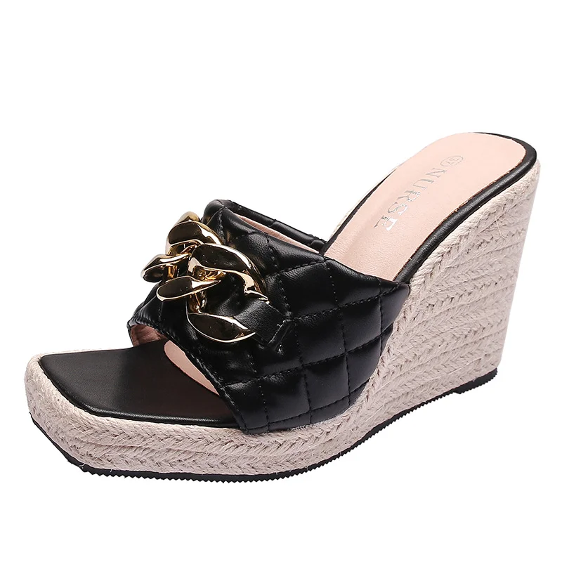 Wongn Wongn Summer Wedge Sandals Thick Square Toe Flip-Toe Female Metal Chain Straw Hemp Rope Bottom
