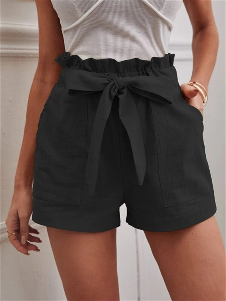Summer Ladies Loose Linen Casual Shorts Pockets Solid Color Big Yards High Waist Wide Leg Pants