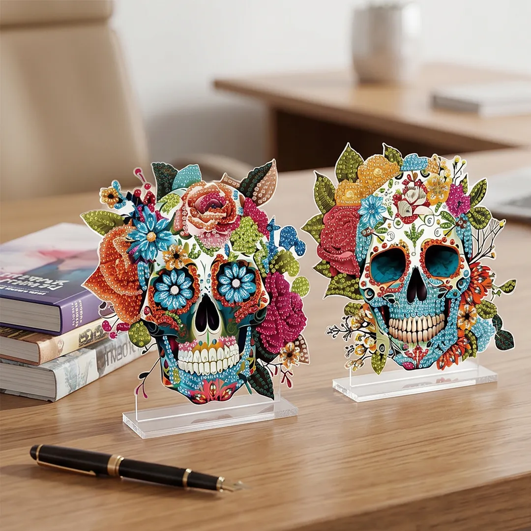 2Pcs DIY Diamond Art Tabletop Ornaments Reusable Special Gem Rhinestone Mosaic Craft Multi-Purpose Diamonds Art Suncatchers Flowers Gift for Craft Lovers (Flowers Skulls)