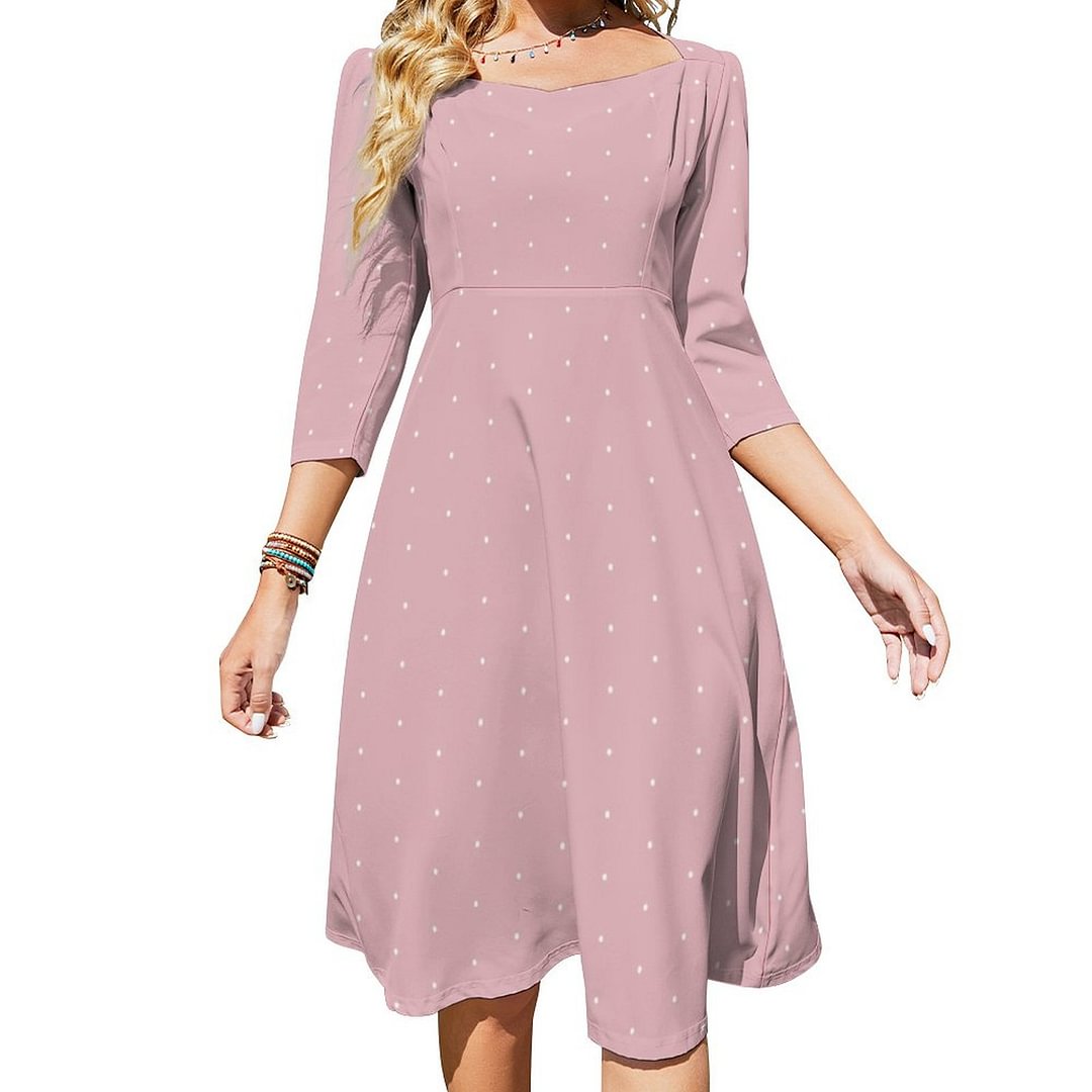 White Circles Dots Modern Blush Pink Elegant Top Dress Sweetheart Tie Back Flared 3/4 Sleeve Midi Dresses