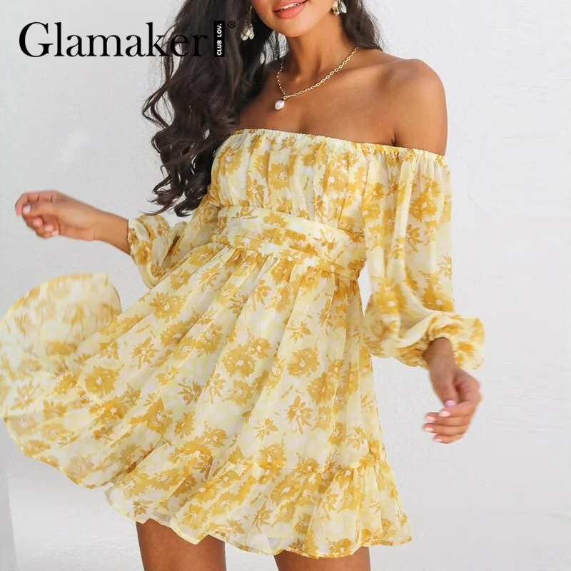 Glamaker Bohemia holiday beach summer Floral printed dress Women A-line elegant fashion ruffles chiffon mini spring dress 2021