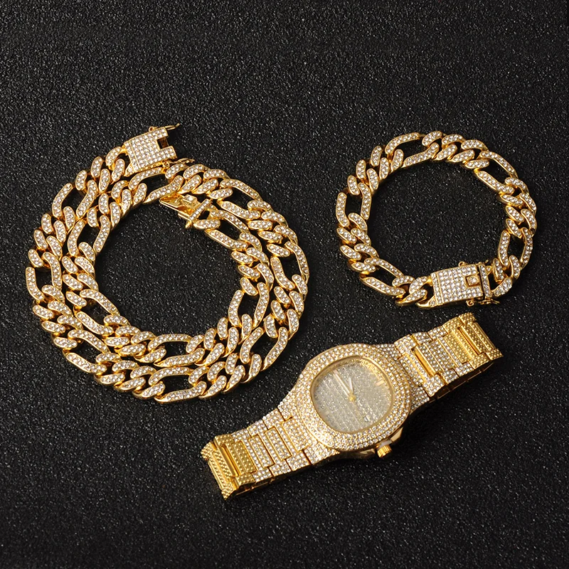 13MM 3pcs Iced Out Watch+Figaro Link Chain+Bracelet Gold Silver Jewelry Set-VESSFUL