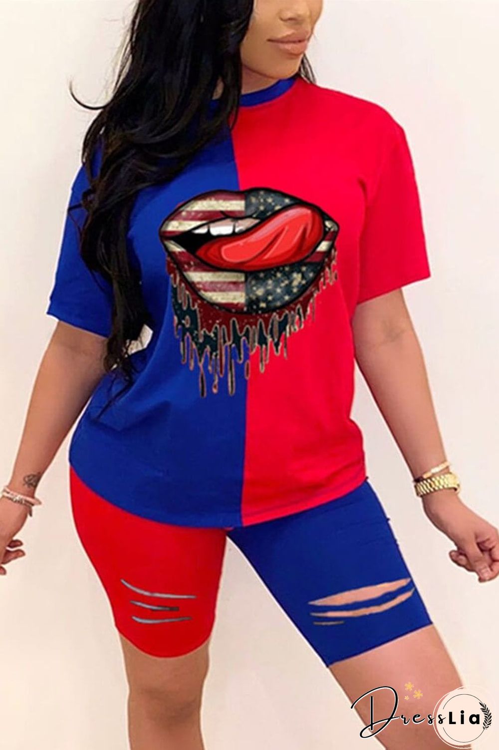 Casual Printed T-Shirt  Patchwork Set