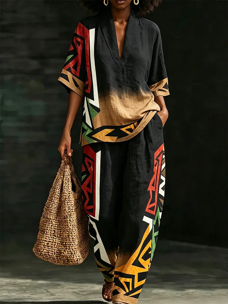 Women's Tribal-Style Artistic Print Two-Piece Set