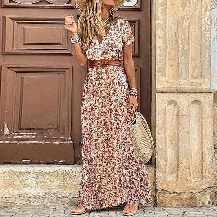 Retro Floral Thigh Slit Maxi Wrap Over Paisley Print Vacation Dress