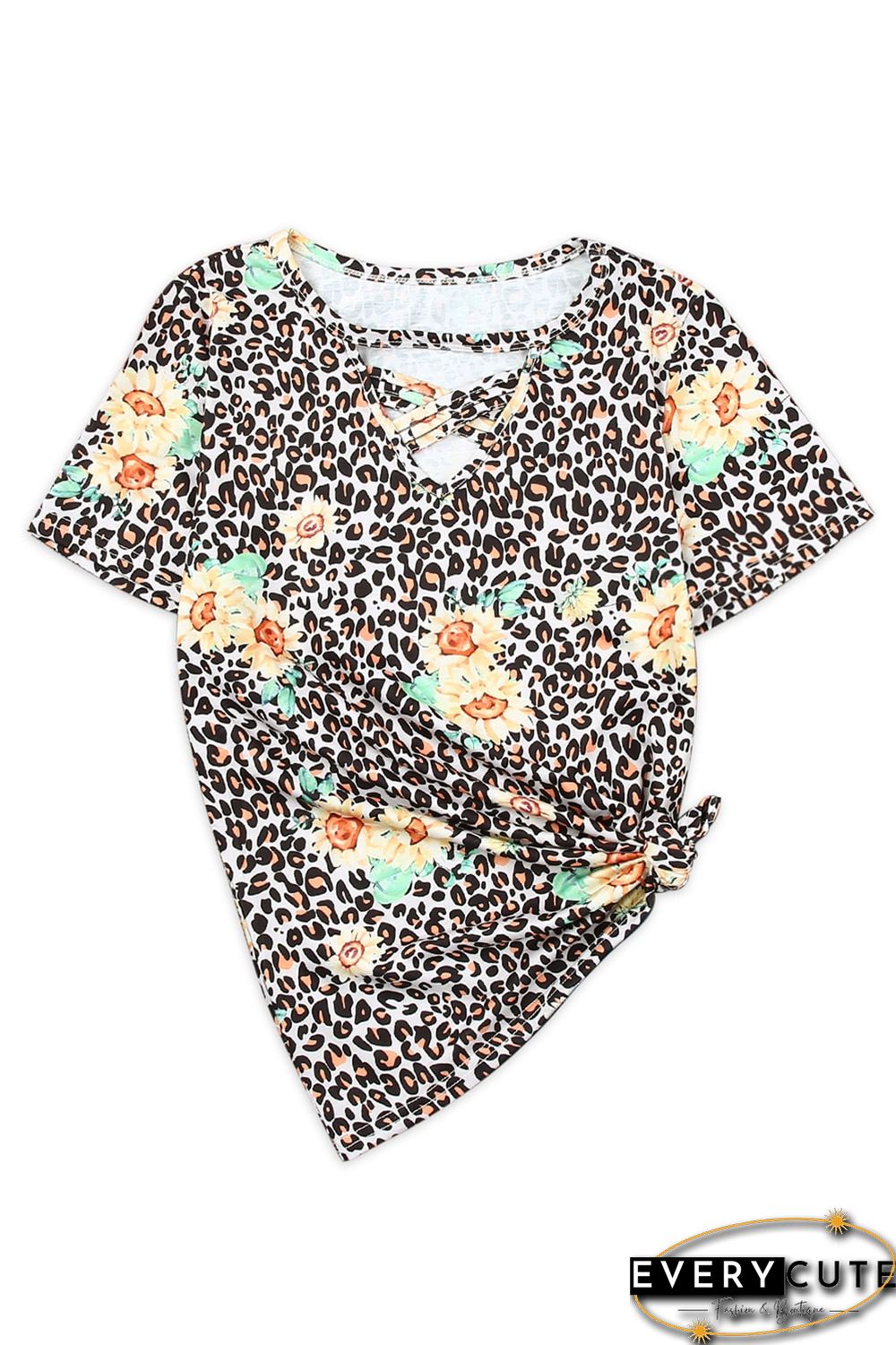 Leopard Sunflower Hollow Out Criss-cross Tee