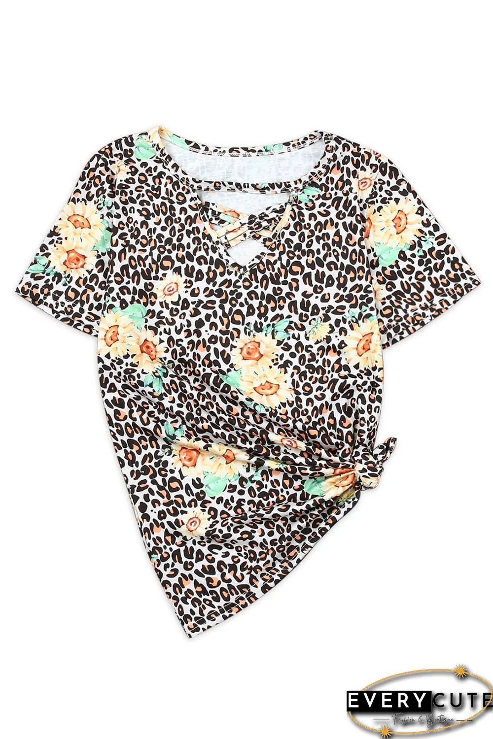 Leopard Sunflower Hollow Out Criss-cross Tee