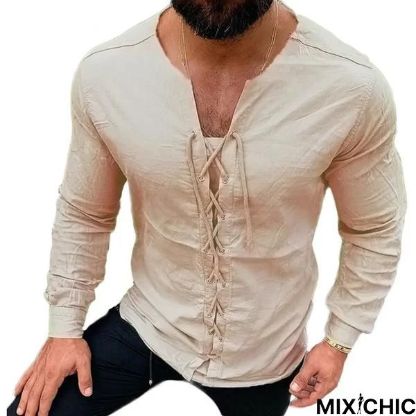 Lace-Up Men Pirate Landlord Knight Tunic Casual Shirt Linen