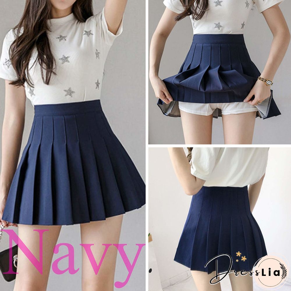 Women Girls High Waisted Plain Pleated Skirt Skater Tennis School Uniforms A-Line Mini Skirt Lining Shorts