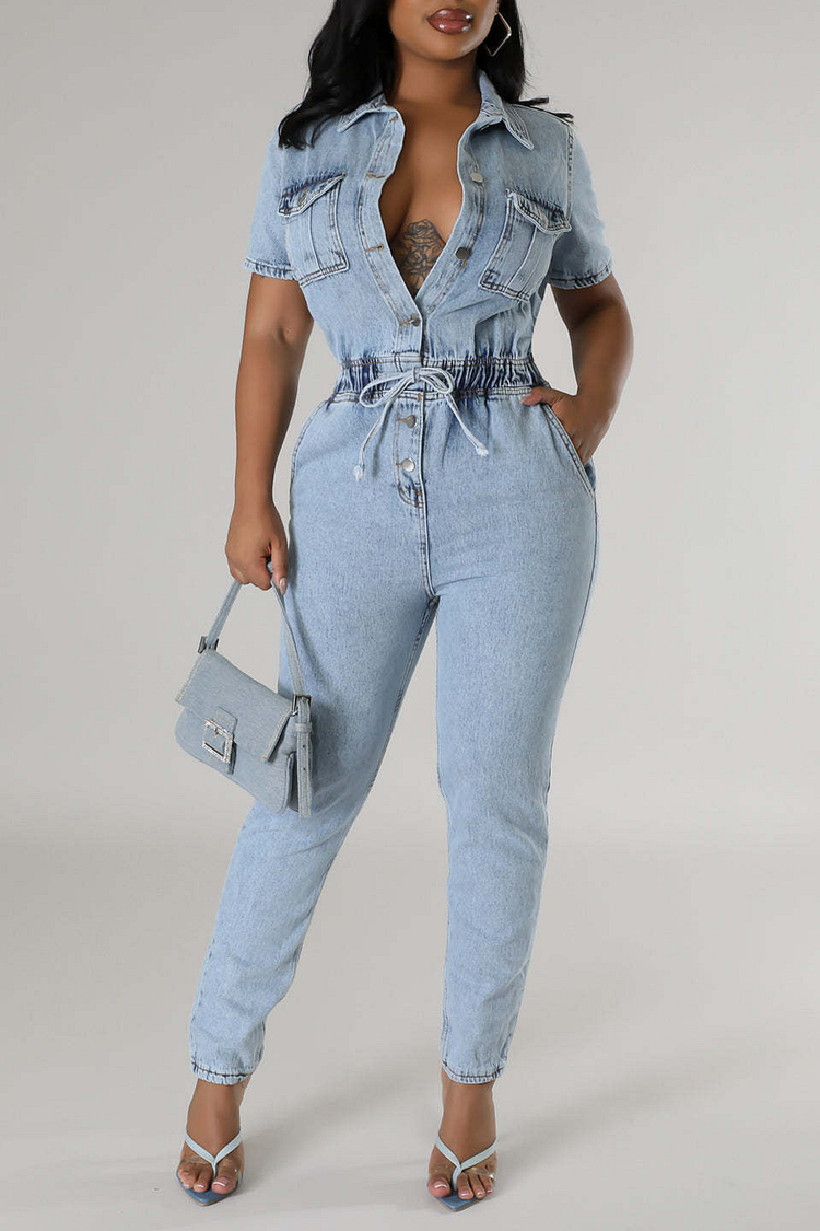 Denim Short Sleeve Pockets Elastic Waist Slim Fit Casual Jumpsuit-Blue