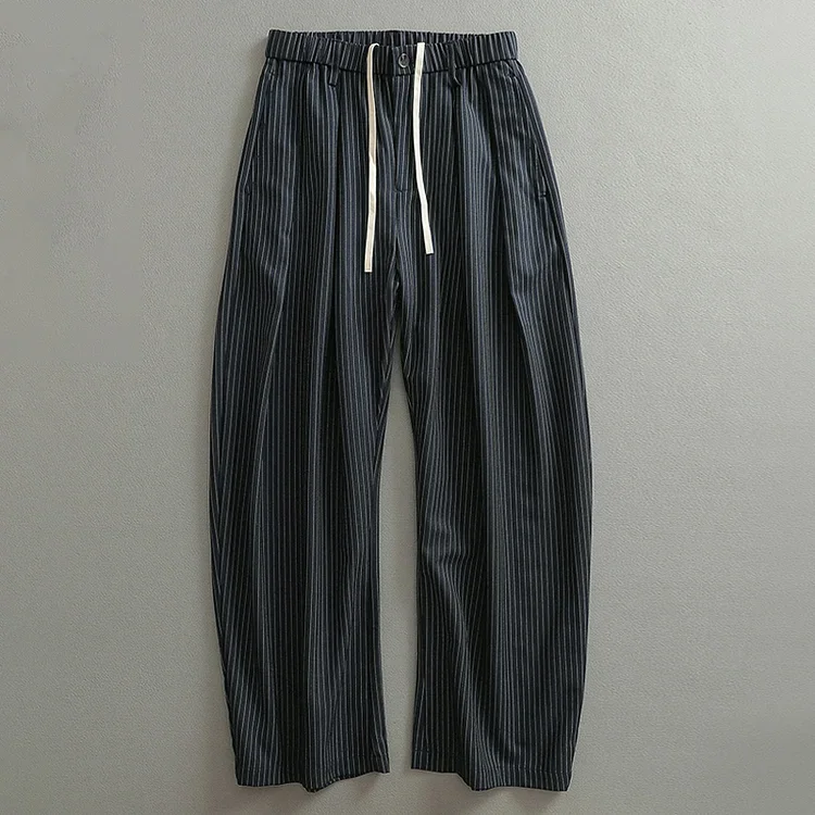 Men's Casual Pinstripe Elastic Waist Wide-Leg Trousers