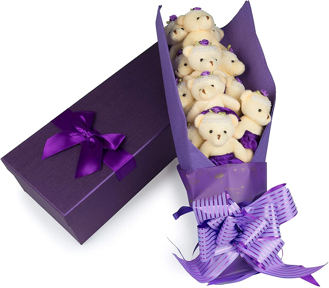 Direct Deluxe Purple Love Valentines Day Plush Bear Bouquet in Gift Box - One Dozen Long Stemmed Stuffed Flower Rose Bears