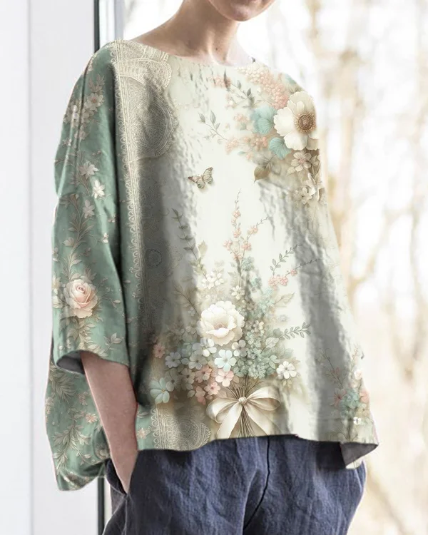 Retro Floral Round Neck Cotton and Linen Loose Top