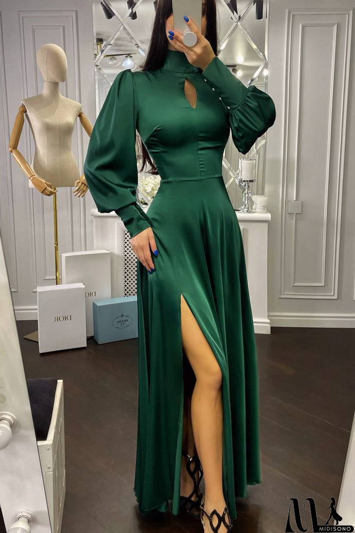 MidiSono - Dark Green Long Sleeves High Neck Evening Dress